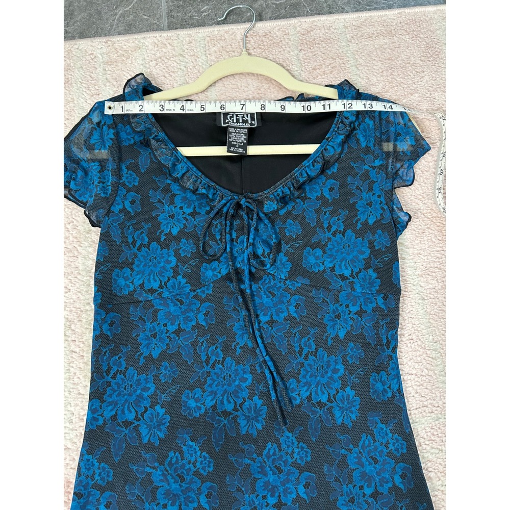 90's City Triangle Mesh Mini Dress Floral Lace Print Size Small Whimsigoth VNTG - Picture 4 of 11